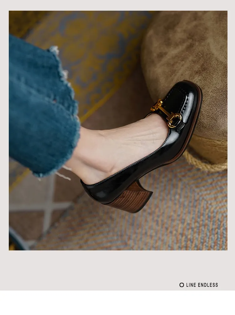 French retro style chunky heeled women's shoes, 6cm, horseshoe buckle, spring and autumn leather shoes, chunky heel, low-cut women's shoes.