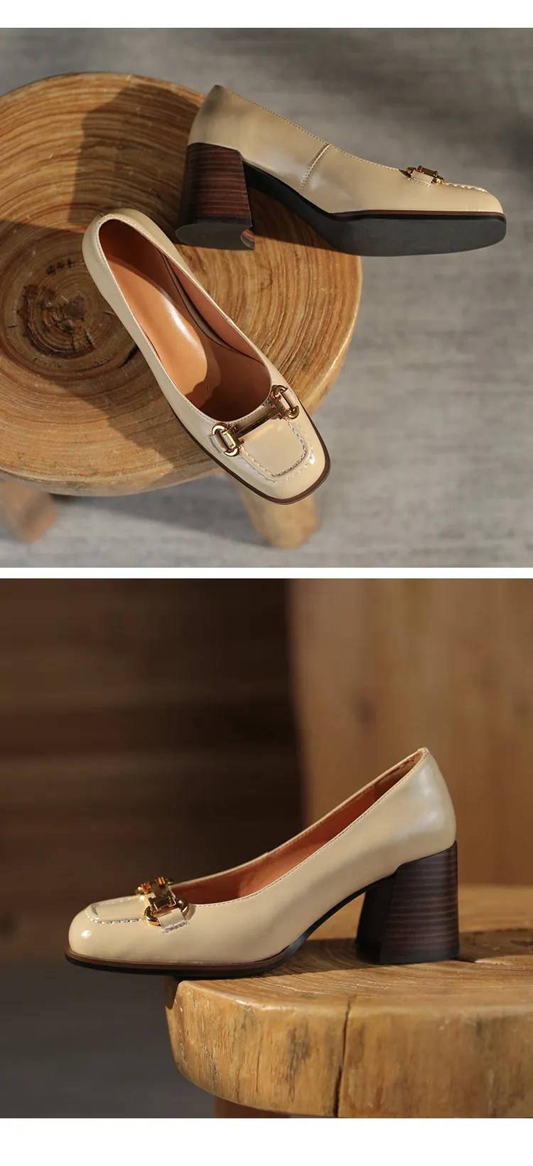 French retro style chunky heeled women's shoes, 6cm, horseshoe buckle, spring and autumn leather shoes, chunky heel, low-cut women's shoes.