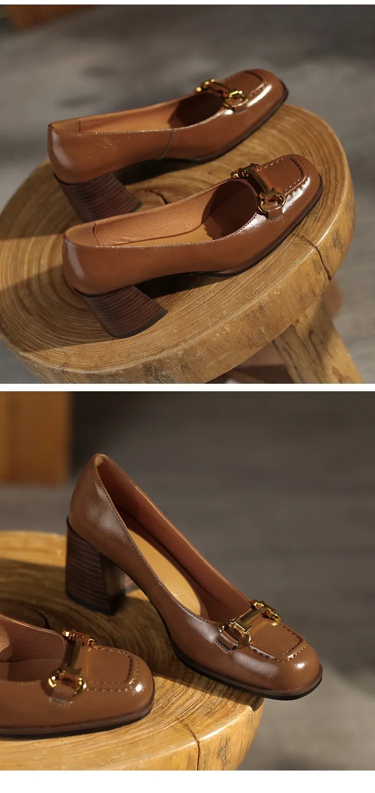 French retro style chunky heeled women's shoes, 6cm, horseshoe buckle, spring and autumn leather shoes, chunky heel, low-cut women's shoes.