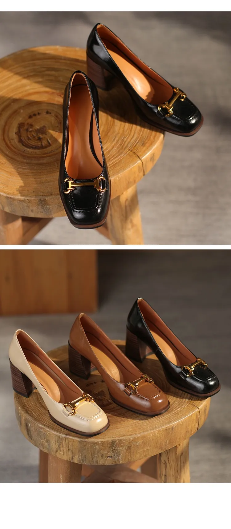 French retro style chunky heeled women's shoes, 6cm, horseshoe buckle, spring and autumn leather shoes, chunky heel, low-cut women's shoes.