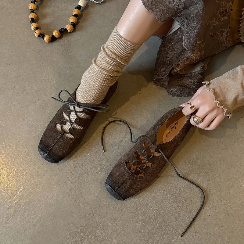Spring square-toe flat lace-up fashion loafers, leather 12-24a