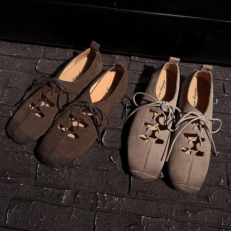 Spring square-toe flat lace-up fashion loafers, leather 12-24a