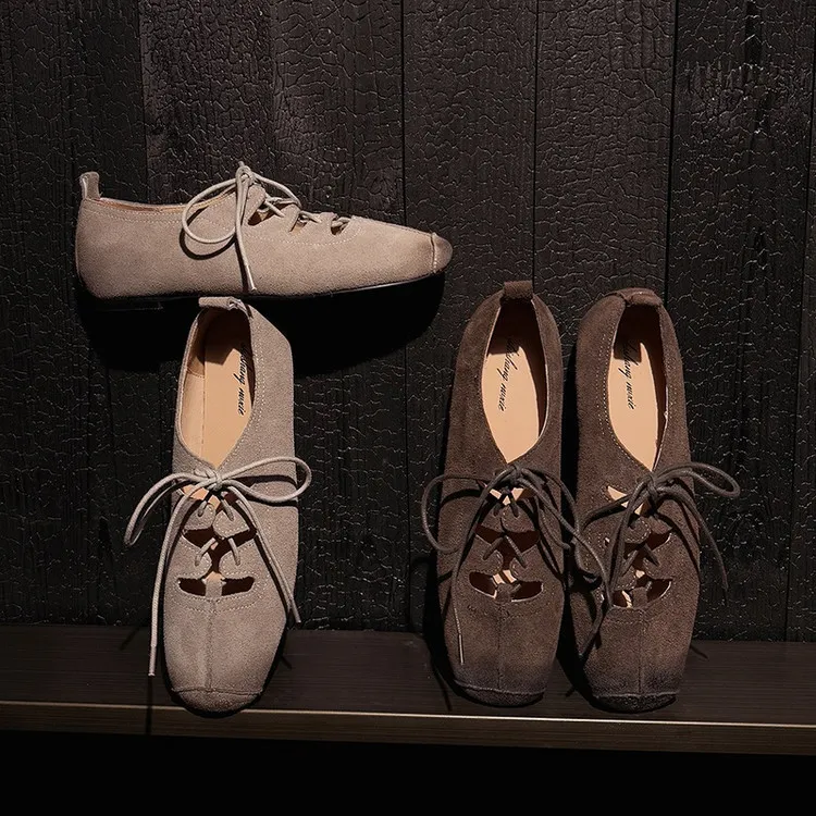 Spring square-toe flat lace-up fashion loafers, leather 12-24a