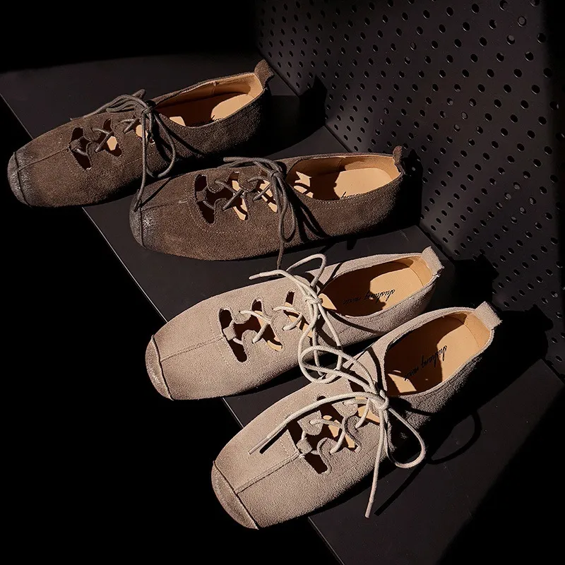 Spring square-toe flat lace-up fashion loafers, leather 12-24a