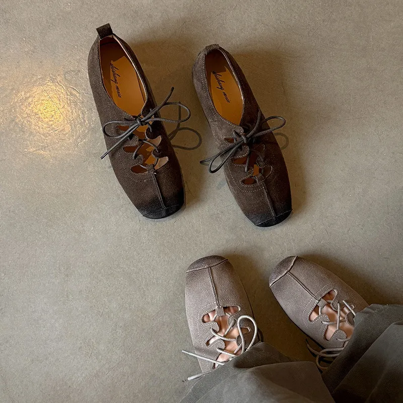Spring square-toe flat lace-up fashion loafers, leather 12-24a