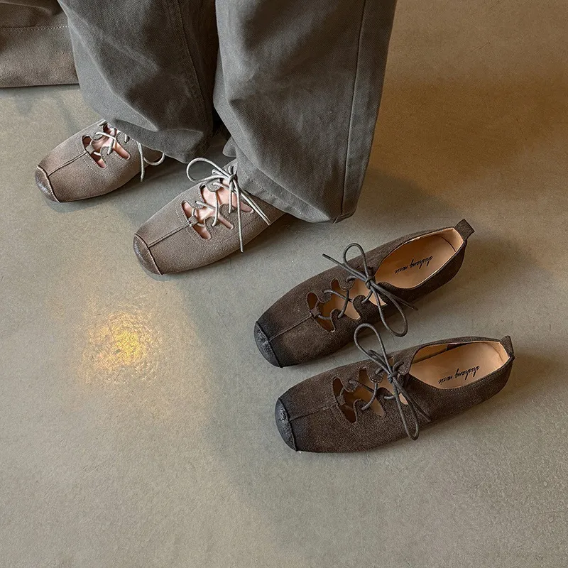 Spring square-toe flat lace-up fashion loafers, leather 12-24a
