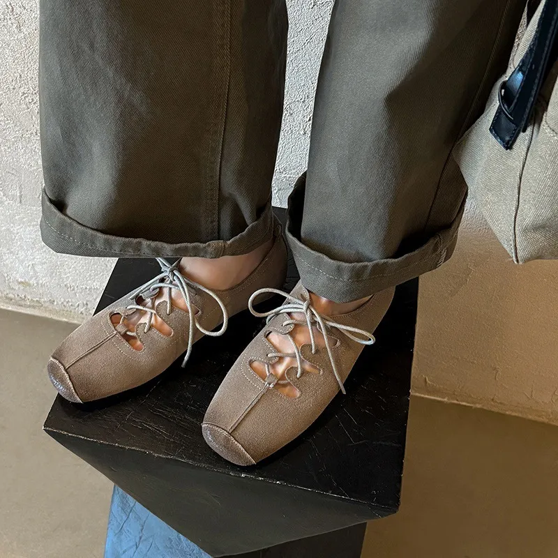 Spring square-toe flat lace-up fashion loafers, leather 12-24a