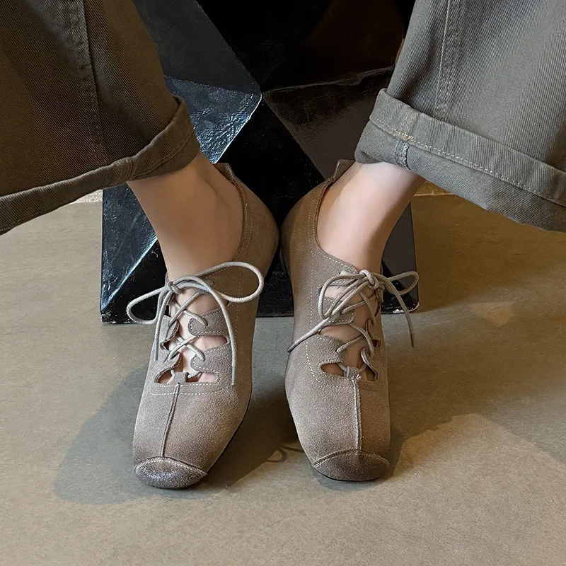 Spring square-toe flat lace-up fashion loafers, leather 12-24a