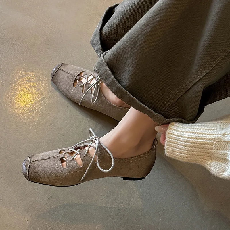 Spring square-toe flat lace-up fashion loafers, leather 12-24a