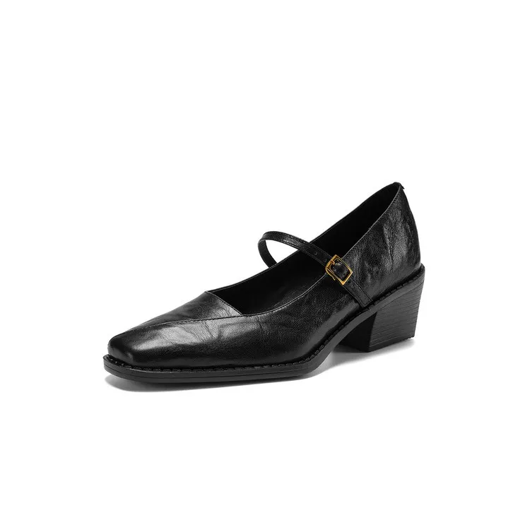 Early spring single shoes, square toe, buckle, chunky heel, Mary Jane style, sheepskin fashion shoes, 12-3