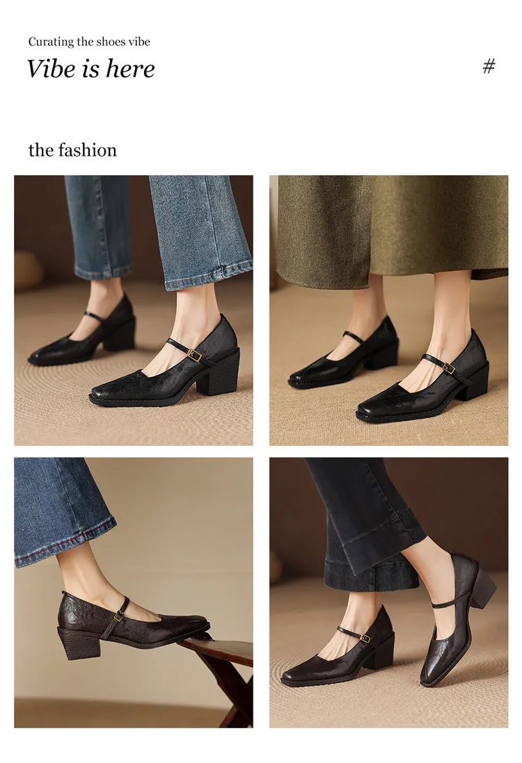 Early spring single shoes, square toe, buckle, chunky heel, Mary Jane style, sheepskin fashion shoes, 12-3