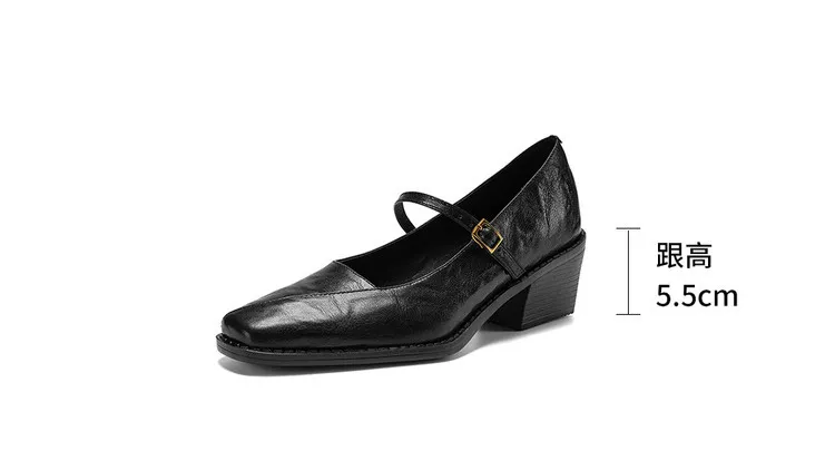 Early spring single shoes, square toe, buckle, chunky heel, Mary Jane style, sheepskin fashion shoes, 12-3