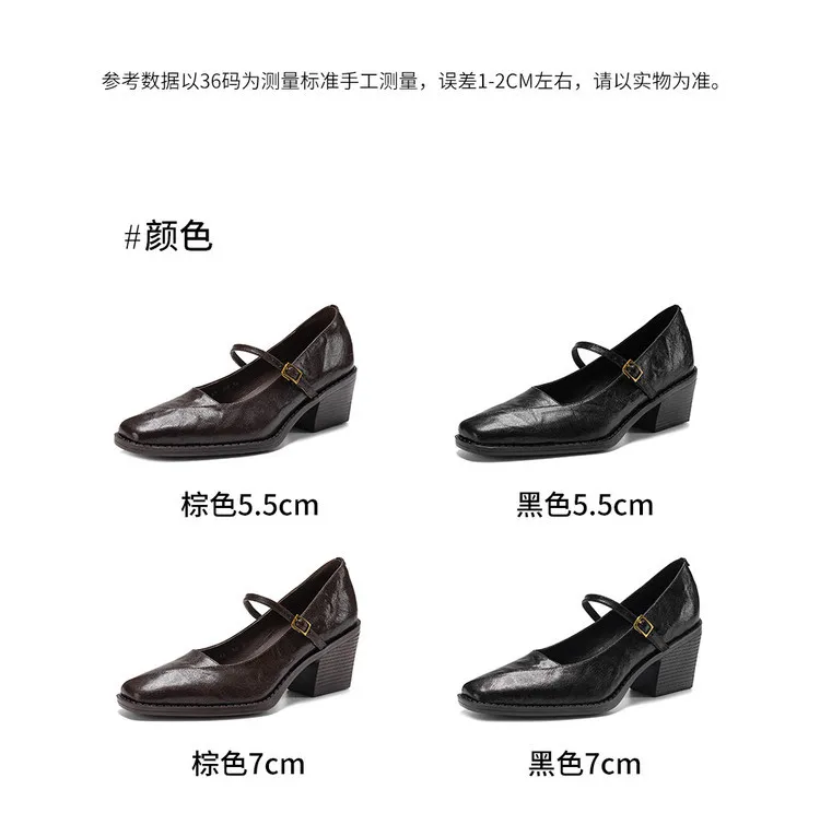 Early spring single shoes, square toe, buckle, chunky heel, Mary Jane style, sheepskin fashion shoes, 12-3