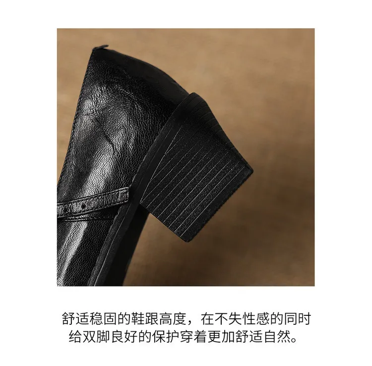 Early spring single shoes, square toe, buckle, chunky heel, Mary Jane style, sheepskin fashion shoes, 12-3