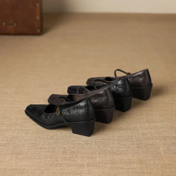 Early spring single shoes, square toe, buckle, chunky heel, Mary Jane style, sheepskin fashion shoes, 12-3