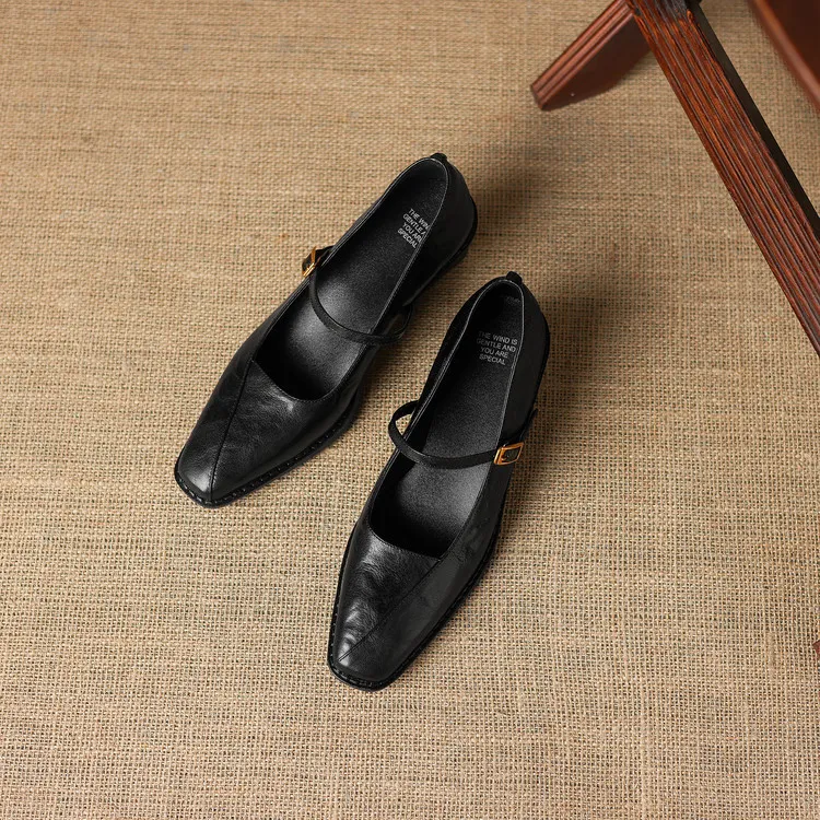 Early spring single shoes, square toe, buckle, chunky heel, Mary Jane style, sheepskin fashion shoes, 12-3