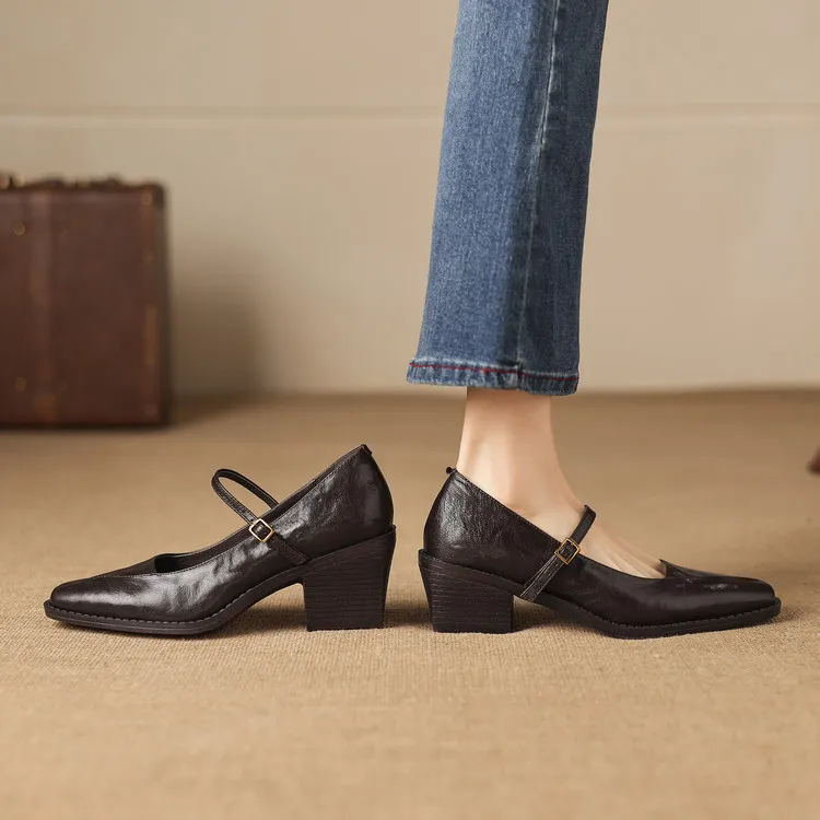 Early spring single shoes, square toe, buckle, chunky heel, Mary Jane style, sheepskin fashion shoes, 12-3