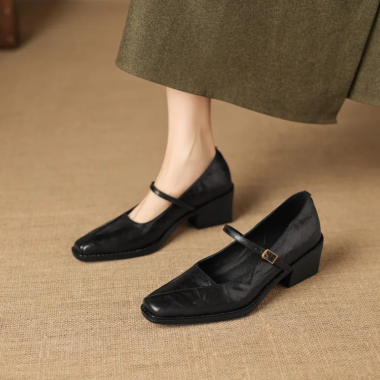 Early spring single shoes, square toe, buckle, chunky heel, Mary Jane style, sheepskin fashion shoes, 12-3
