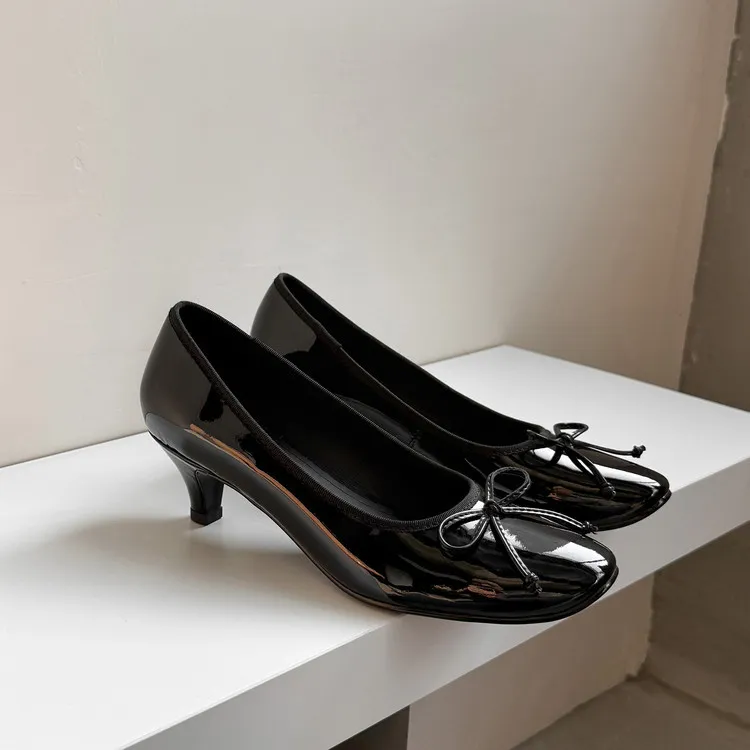 Spring single shoes, round toe, chunky heel, high heel, bow, slip-on, comfortable women's shoes, 12-26e