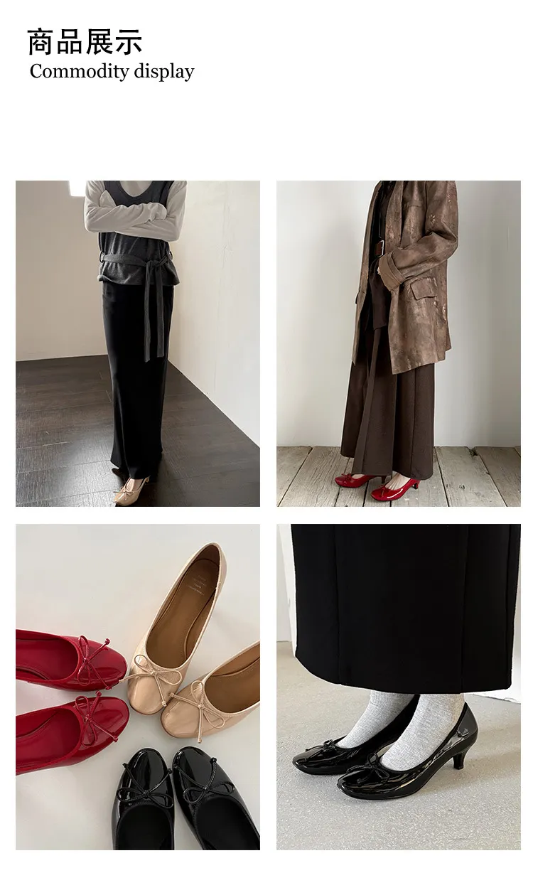 Spring single shoes, round toe, chunky heel, high heel, bow, slip-on, comfortable women's shoes, 12-26e