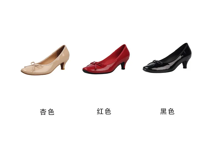 Spring single shoes, round toe, chunky heel, high heel, bow, slip-on, comfortable women's shoes, 12-26e