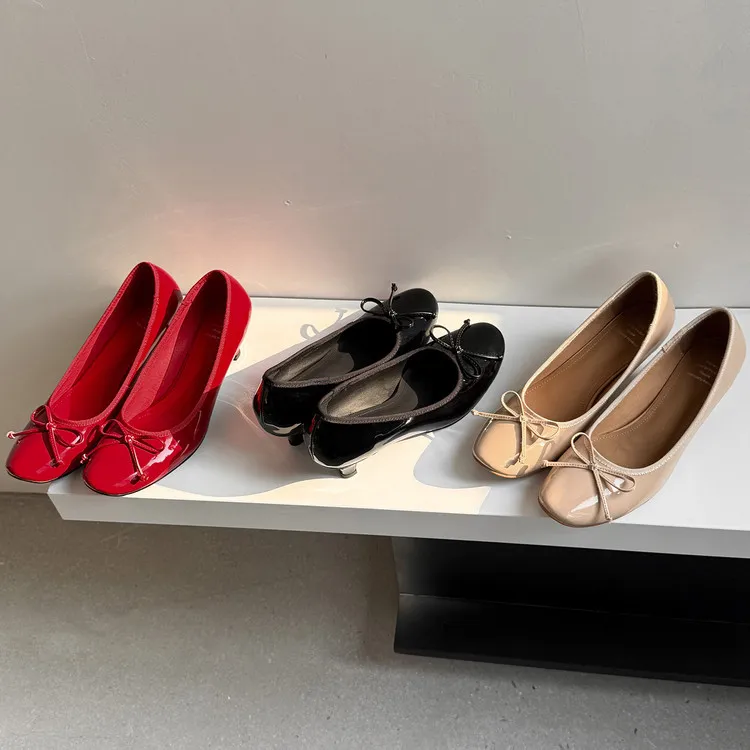 Spring single shoes, round toe, chunky heel, high heel, bow, slip-on, comfortable women's shoes, 12-26e