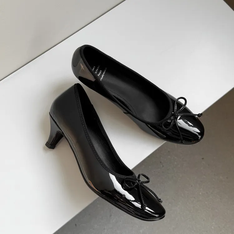 Spring single shoes, round toe, chunky heel, high heel, bow, slip-on, comfortable women's shoes, 12-26e