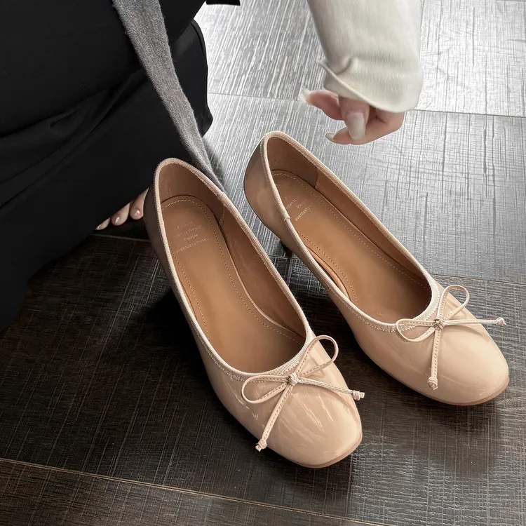 Spring single shoes, round toe, chunky heel, high heel, bow, slip-on, comfortable women's shoes, 12-26e