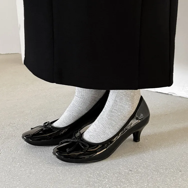 Spring single shoes, round toe, chunky heel, high heel, bow, slip-on, comfortable women's shoes, 12-26e