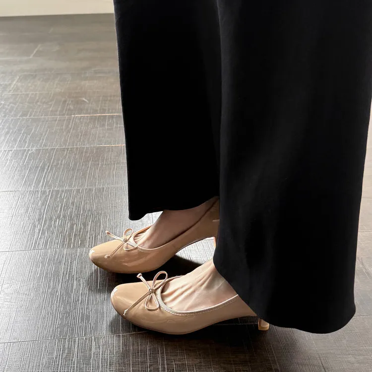 Spring single shoes, round toe, chunky heel, high heel, bow, slip-on, comfortable women's shoes, 12-26e
