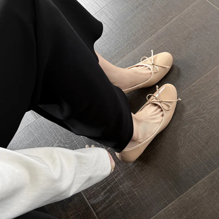 Spring single shoes, round toe, chunky heel, high heel, bow, slip-on, comfortable women's shoes, 12-26e