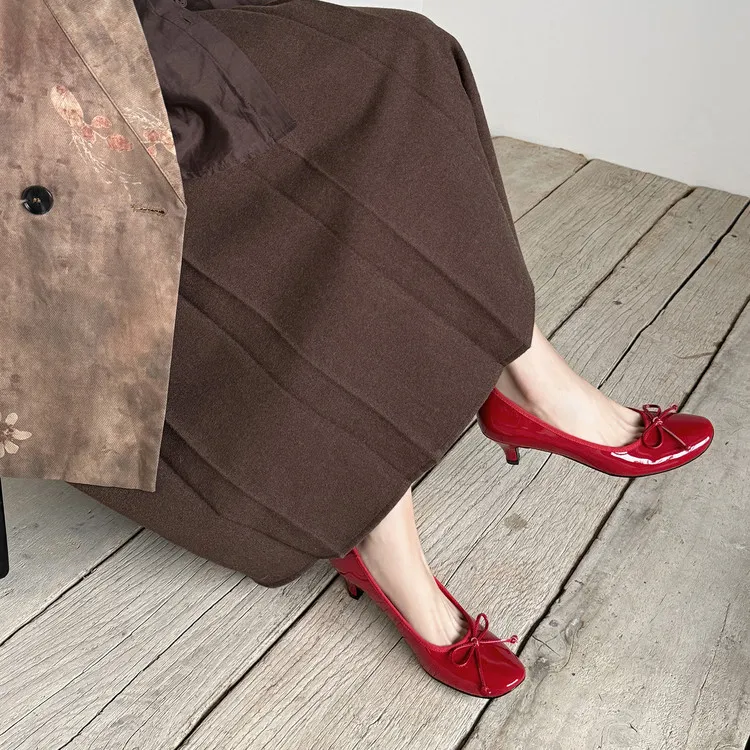 Spring single shoes, round toe, chunky heel, high heel, bow, slip-on, comfortable women's shoes, 12-26e