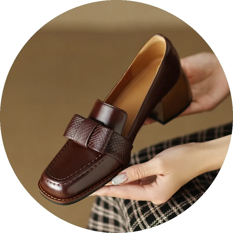 Elegant and stylish soft cowhide bow loafers for spring, chunky mid-heel, women's shoes in various sizes.