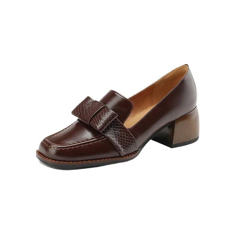 Elegant and stylish soft cowhide bow loafers for spring, chunky mid-heel, women's shoes in various sizes.
