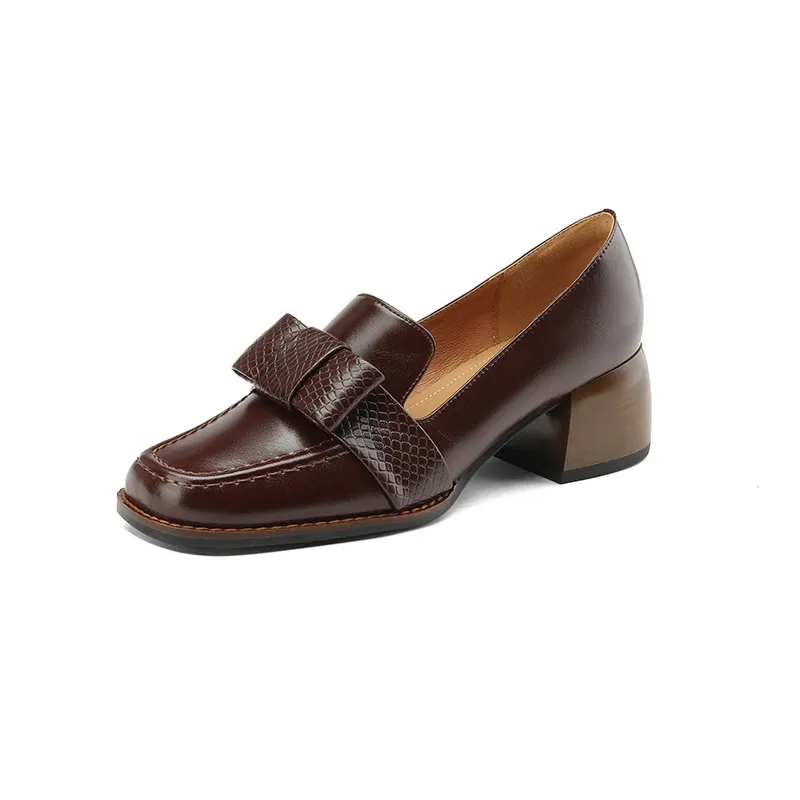 Elegant and stylish soft cowhide bow loafers for spring, chunky mid-heel, women's shoes in various sizes.