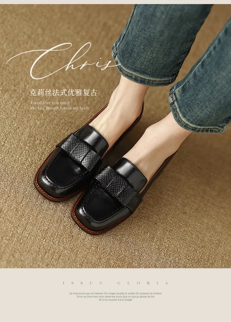 Elegant and stylish soft cowhide bow loafers for spring, chunky mid-heel, women's shoes in various sizes.