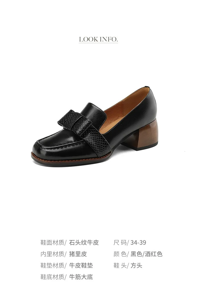 Elegant and stylish soft cowhide bow loafers for spring, chunky mid-heel, women's shoes in various sizes.