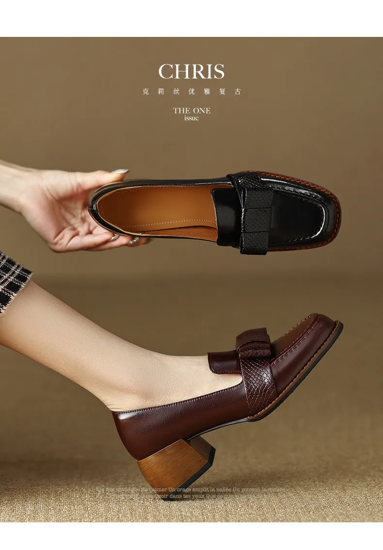 Elegant and stylish soft cowhide bow loafers for spring, chunky mid-heel, women's shoes in various sizes.