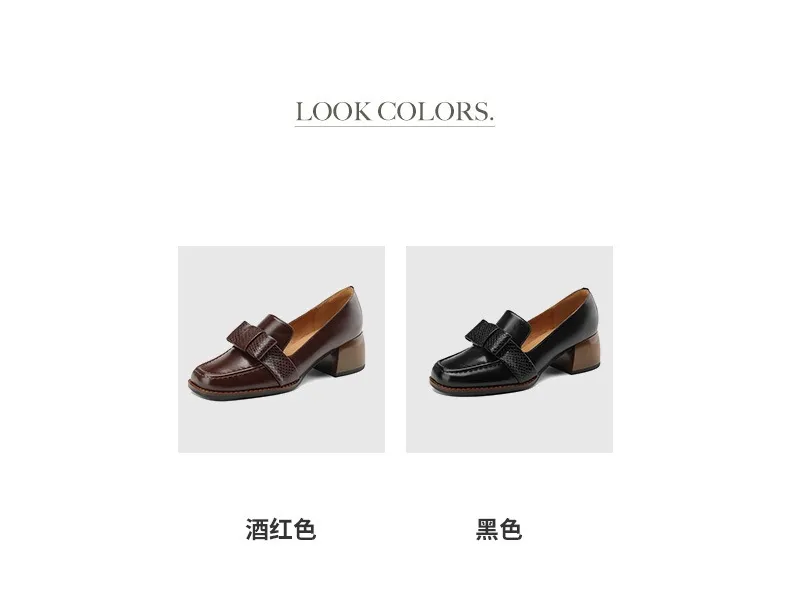 Elegant and stylish soft cowhide bow loafers for spring, chunky mid-heel, women's shoes in various sizes.