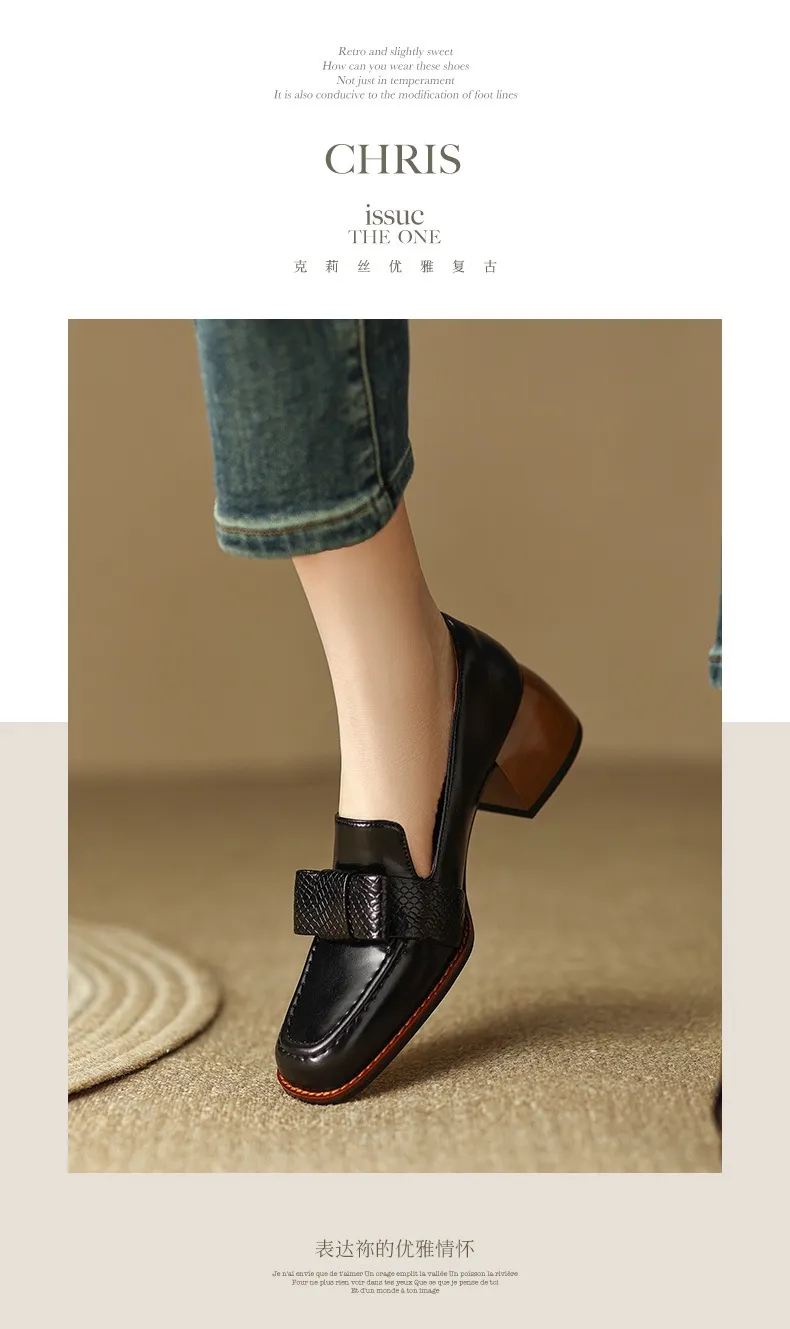 Elegant and stylish soft cowhide bow loafers for spring, chunky mid-heel, women's shoes in various sizes.