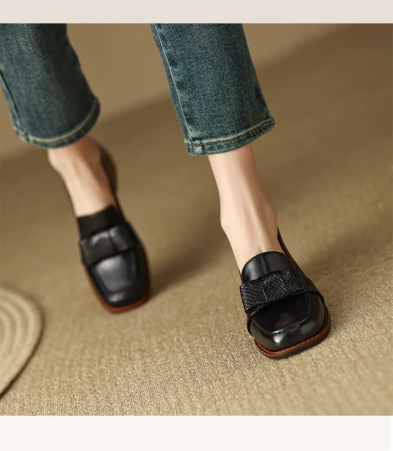 Elegant and stylish soft cowhide bow loafers for spring, chunky mid-heel, women's shoes in various sizes.