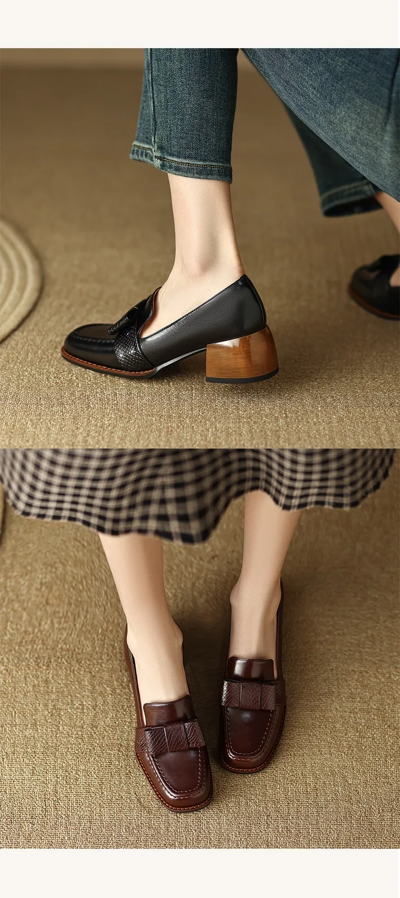 Elegant and stylish soft cowhide bow loafers for spring, chunky mid-heel, women's shoes in various sizes.