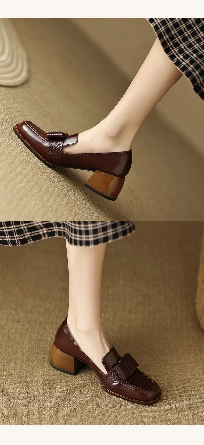 Elegant and stylish soft cowhide bow loafers for spring, chunky mid-heel, women's shoes in various sizes.