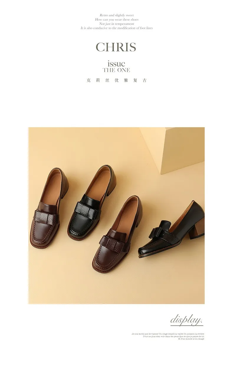 Elegant and stylish soft cowhide bow loafers for spring, chunky mid-heel, women's shoes in various sizes.