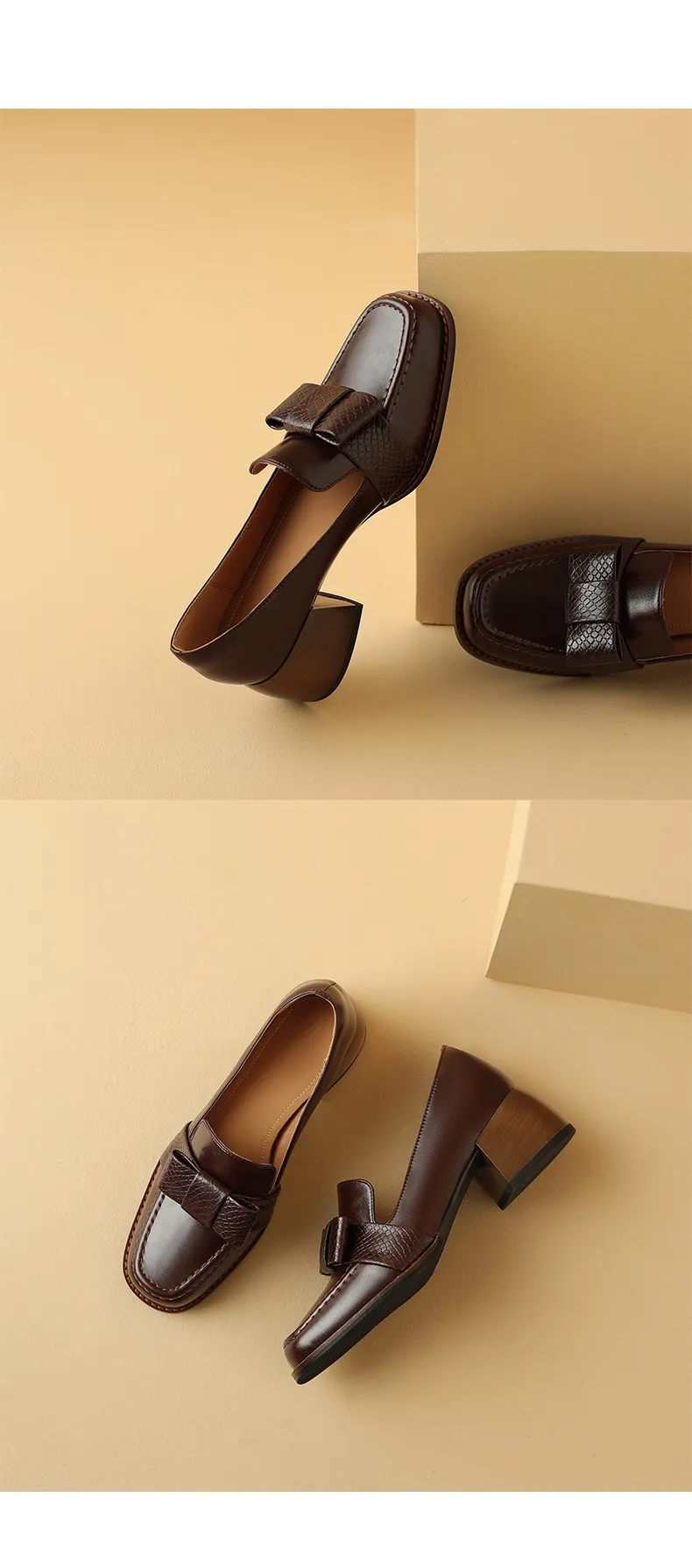 Elegant and stylish soft cowhide bow loafers for spring, chunky mid-heel, women's shoes in various sizes.