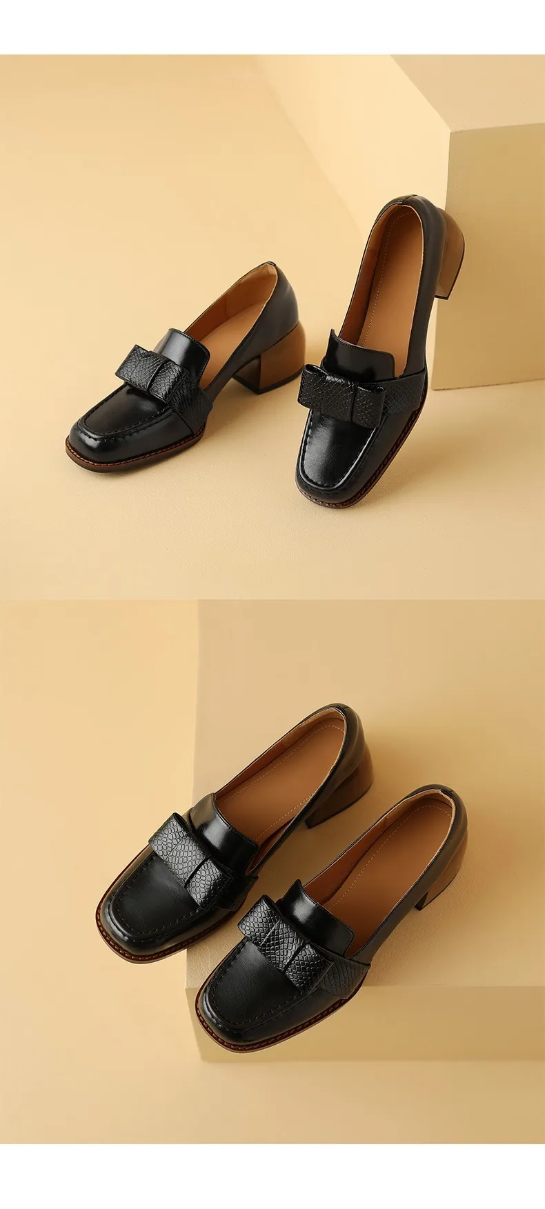 Elegant and stylish soft cowhide bow loafers for spring, chunky mid-heel, women's shoes in various sizes.