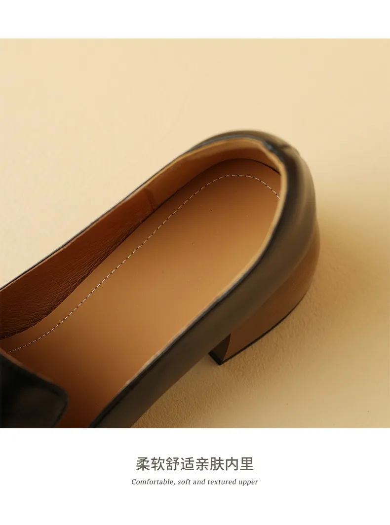 Elegant and stylish soft cowhide bow loafers for spring, chunky mid-heel, women's shoes in various sizes.
