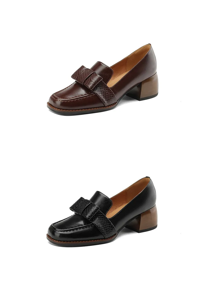Elegant and stylish soft cowhide bow loafers for spring, chunky mid-heel, women's shoes in various sizes.