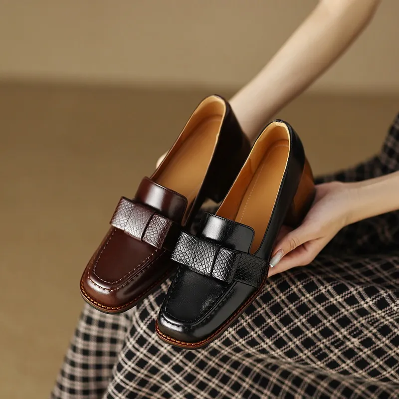 Elegant and stylish soft cowhide bow loafers for spring, chunky mid-heel, women's shoes in various sizes.