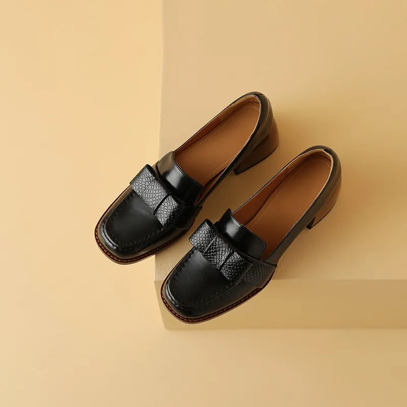 Elegant and stylish soft cowhide bow loafers for spring, chunky mid-heel, women's shoes in various sizes.
